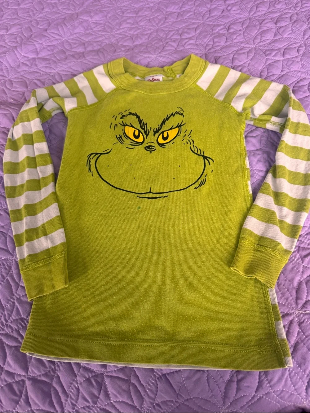 Hanna Andersson Lime Green Grinch Face Striped Sleeve Pajama Top